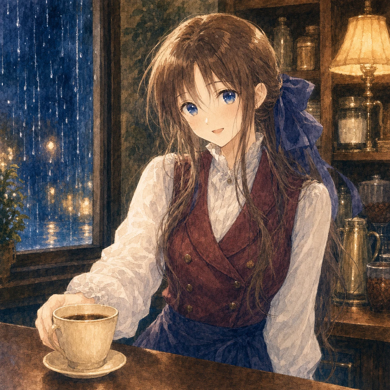 雅琍在雨夜咖啡馆吧台后的日式绘本水彩肖像